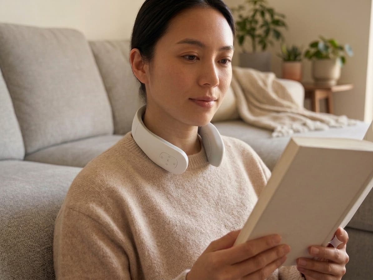 A woman sitting on a light gray sofa in a cozy living room, wearing a white neck massager around her neck while holding a book.